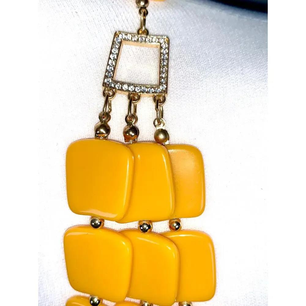 Vintage 1970's Multistrand Mustard Yellow Acrylic Square Statement Necklace